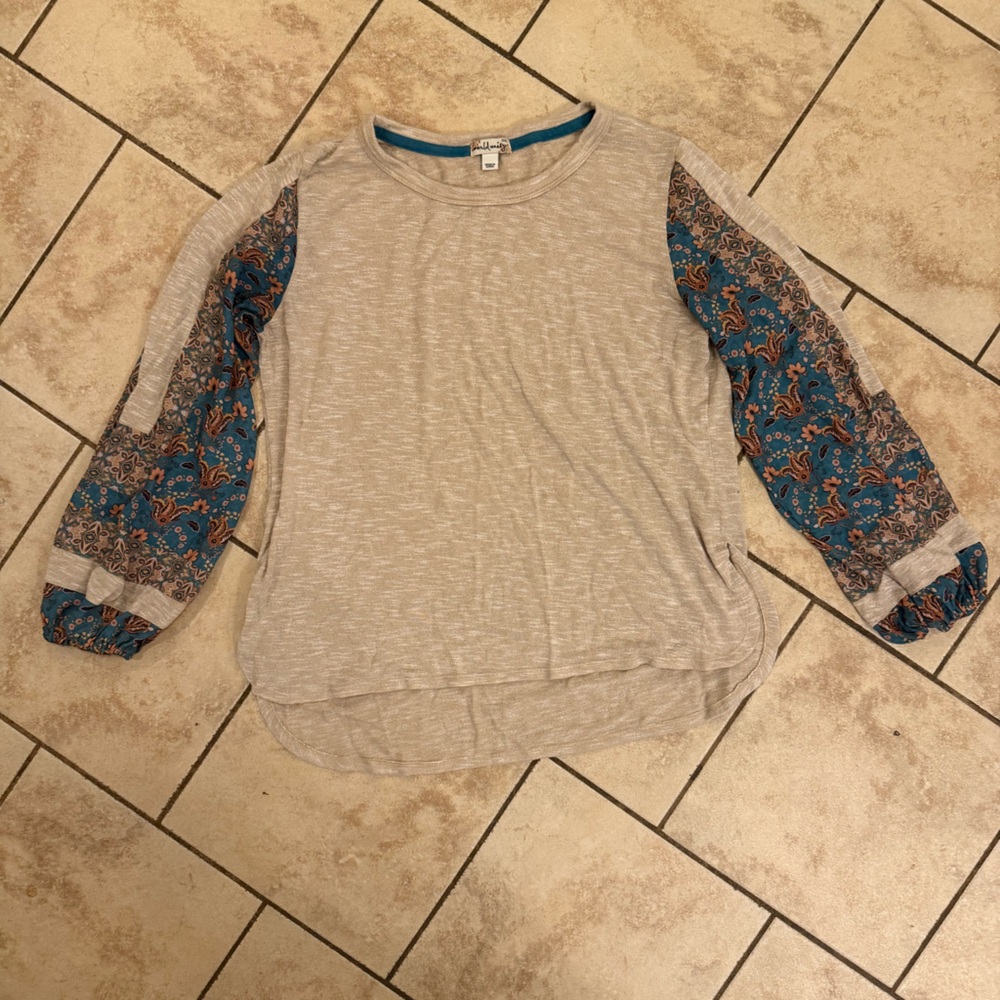 Cream Asymmetrical Blouse with Blue Long Sleeves